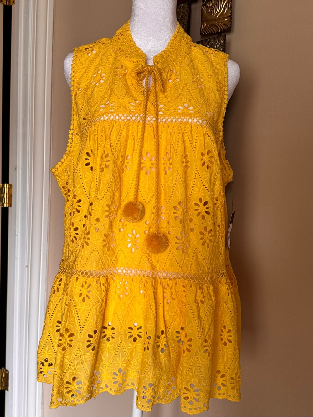 crown & ivy Yellow Eyelet Pom-Tie Sleeveless Tunic